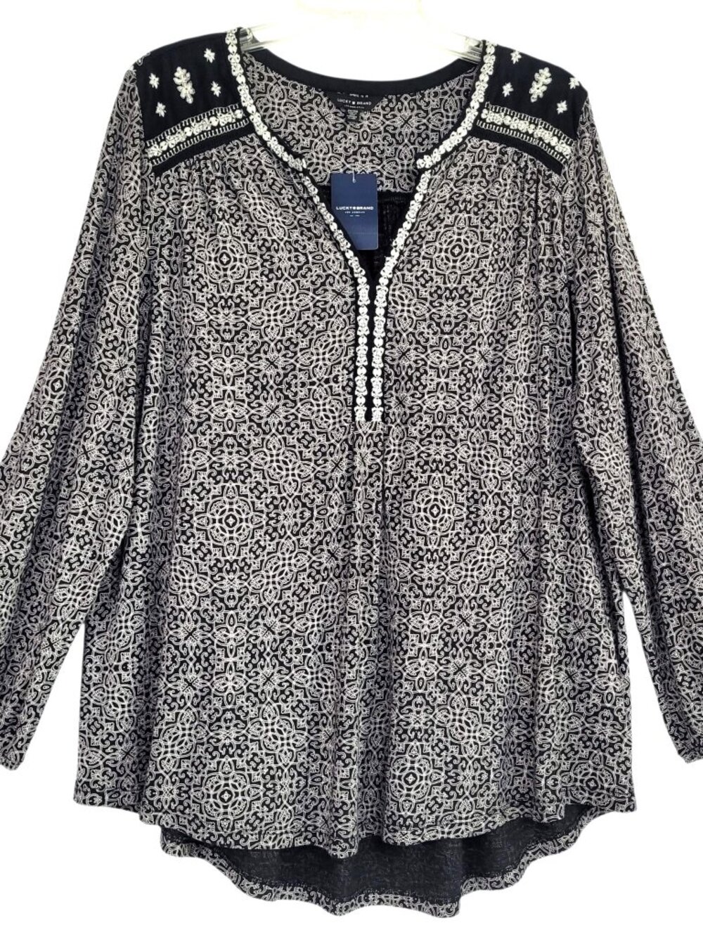 Lucky Brand Top Women's 2X Black White Embroidered Peasant Hippie Whimsical Goth